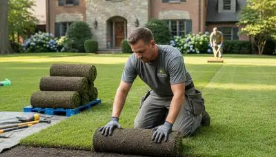 Professional landscaper installing fresh sod with precise alignment in Philadelphia, PA lawn